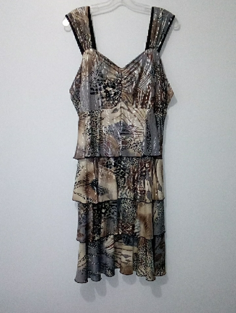 Lavena Tiered Animal-Print Sleeveless Dress in Brown, Gray And Metallic